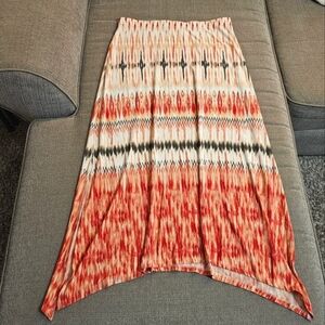 Chico's Orange Red Cream Abstract Boho Casual Coastal Flowy Skirt Size 1/Small